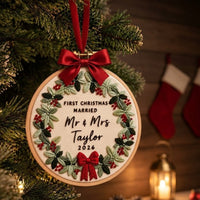 Personalized First Christmas Married Embroidery Hoop Ornament, Mr & Mrs Christmas Keepsake, Newlywed Wedding Gift