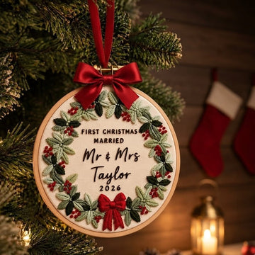 Personalized First Christmas Married Embroidery Hoop Ornament, Mr & Mrs Christmas Keepsake, Newlywed Wedding Gift