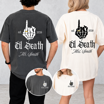 Personalized Til Death Matching Couple Shirts, Custom Mr and Mrs Names and Date Skeleton Tees, Gothic Newlywed Gift