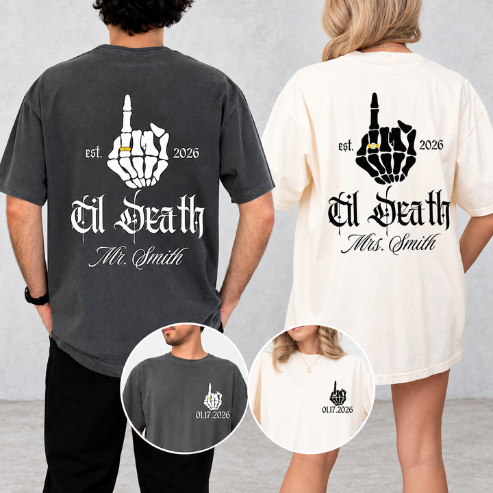 Personalized Til Death Matching Couple Shirts, Custom Mr and Mrs Names and Date Skeleton Tees, Gothic Newlywed Gift