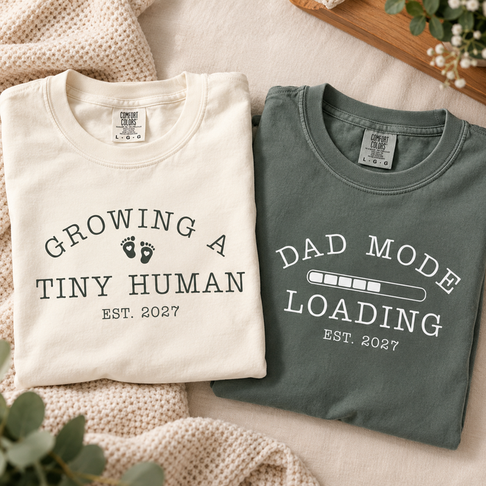 Growing A Tiny Human & Dad Mode Comfort Colors Shirts – Custom Year Pregnancy Reveal