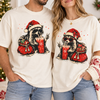 Santa Raccoon Iced Coffee Comfort Colors Shirts – Christmas Couple Gift