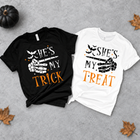 Matching Halloween Couple Shirts, He’s My Trick She’s My Treat Skeleton T-Shirts, Funny Couples Costume