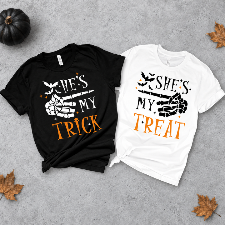 Matching Halloween Couple Shirts, He’s My Trick She’s My Treat Skeleton T-Shirts, Funny Couples Costume