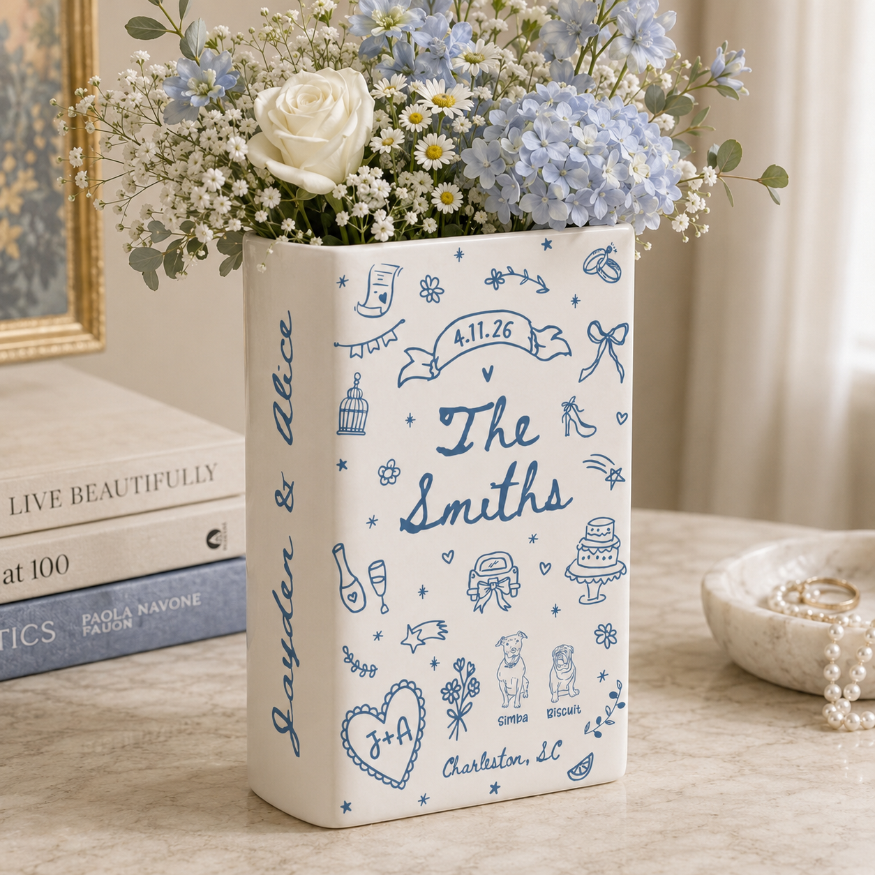 Custom Wedding Gift,Personalized Engagement Flower Vase with Names,Date&Location,Ceramic Flower Book Vase for Bride,Couple Gift,Newedly Gift