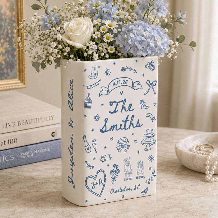 Custom Wedding Gift,Personalized Engagement Flower Vase with Names,Date&Location,Ceramic Flower Book Vase for Bride,Couple Gift,Newedly Gift