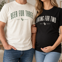 Personalized Eating For Two Beer for Three Pregnant Shirt, Matching Couple Announce Pregnant Tee, Funny Pregnancy Announcement Shirt, Baby Revealing Shirt Unisex