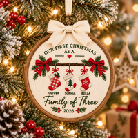Personalized Embroidered Family of Three Christmas Ornament, Custom New Family Ornament, Baby's First Christmas Gift, Family Bauble Keepsake