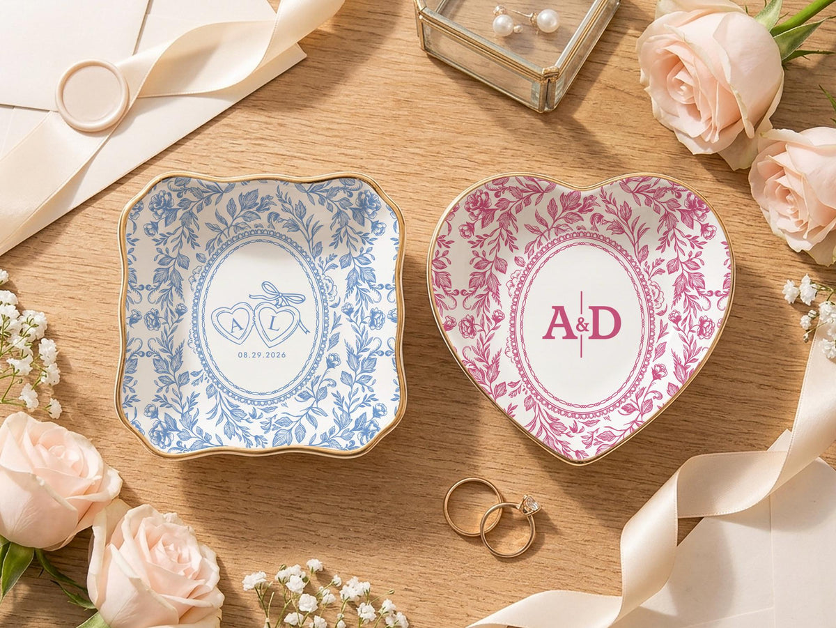 Personalized Toile Wedding Jewelry Dish, Custom Initials Ceramic Ring Dish image 6