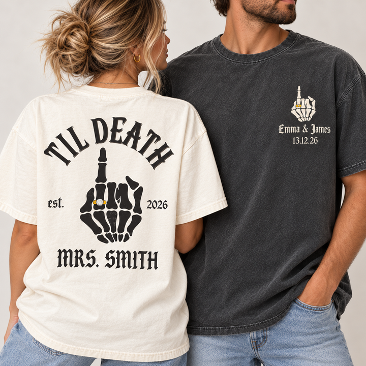 Custom Wedding Day Til Death Matching Shirt, Gothic Mr & Mrs Honeymoon Tee, Skeleton Newlywed & Honeymoon Gift, Anniversary Bride and Groom