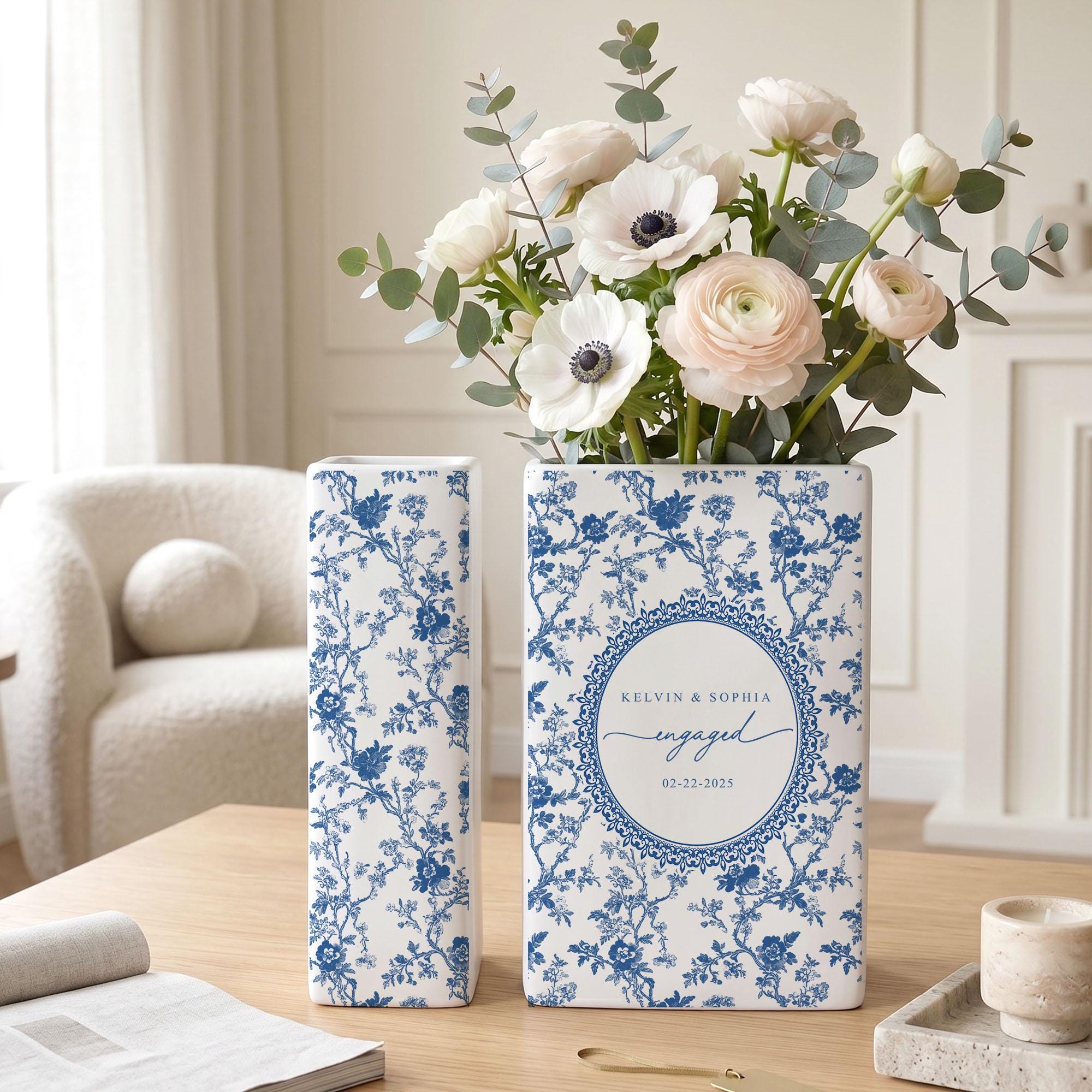 Personalized Wedding Ceramic Book Vase, Custom Wedding Vase, Toile de Jouy Vase, Couple Initial Gift, Bridal Shower Gift
