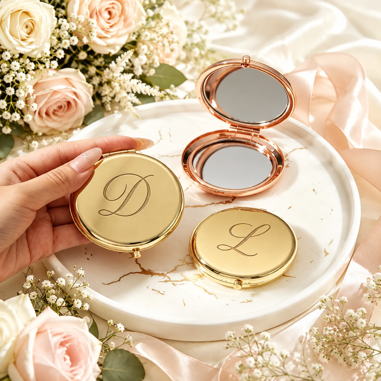 Personalized Gold Compact Mirror for Bridesmaids, Custom Engraved Monogram Pocket Makeup Mirror