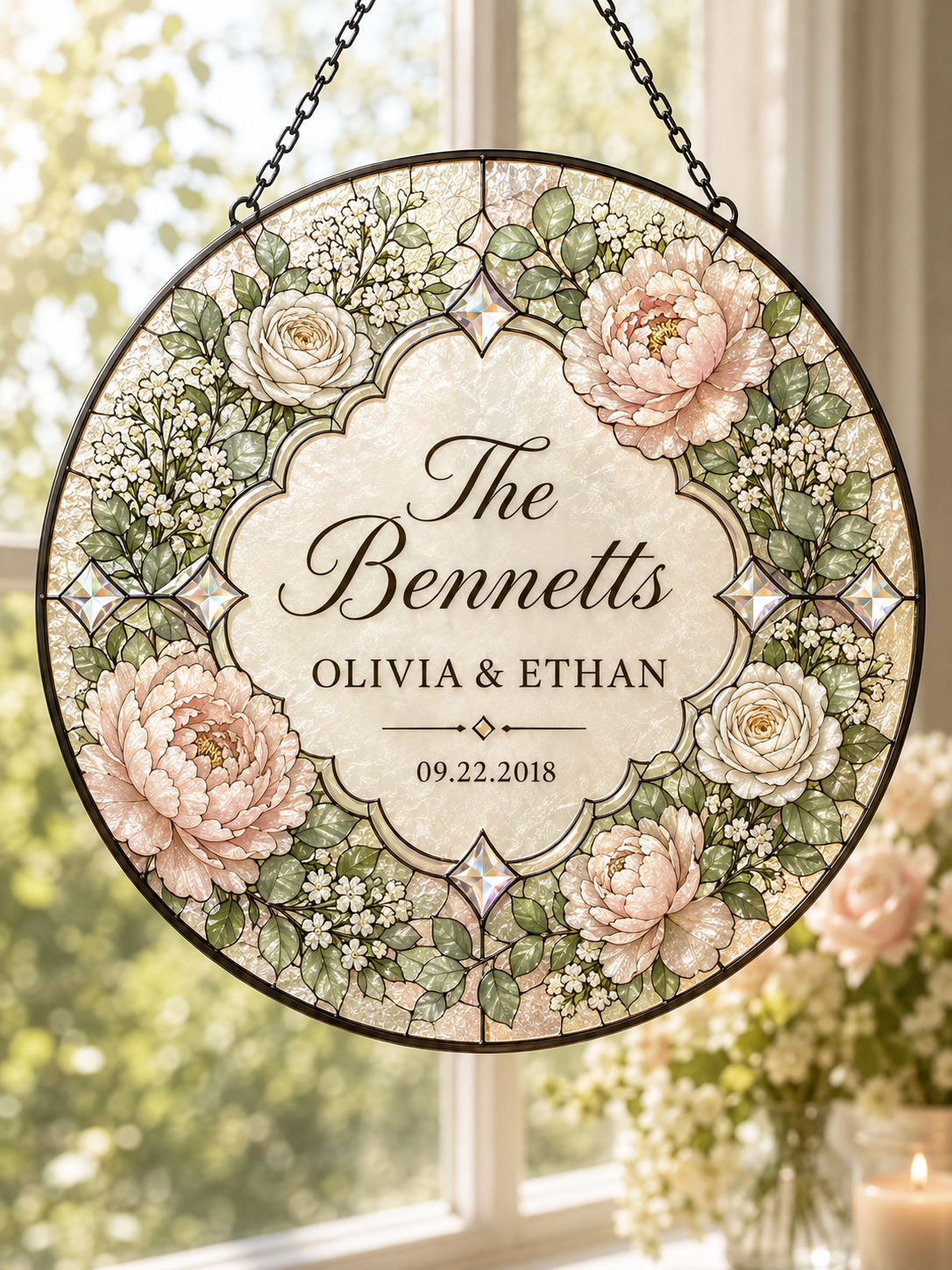 Personalized Last Name Stained Glass Suncatcher, Custom Couple Names and Wedding Date, Floral Anniversary Gift, Wedding Window Decor