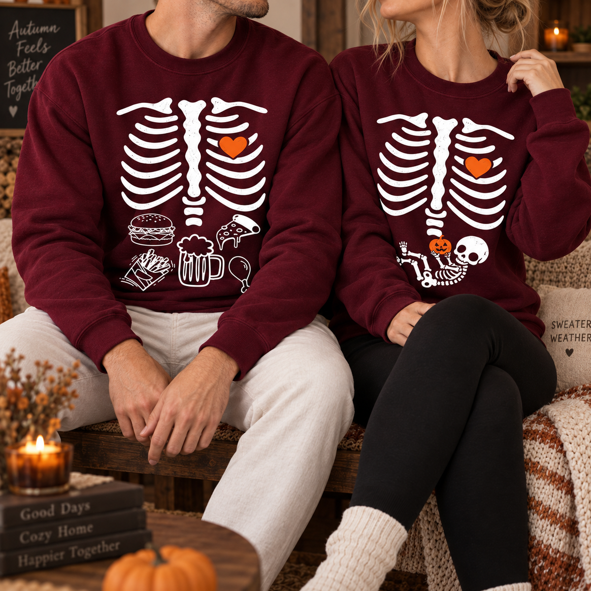 Halloween Skeleton Pregnancy Sweatshirt & Hoodie, Matching Couple Baby Announcement mockup 4
