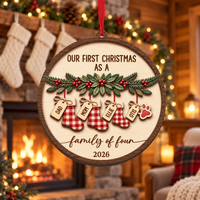 Personalized Stocking & Paw Wood Ornament – Family of Four Christmas