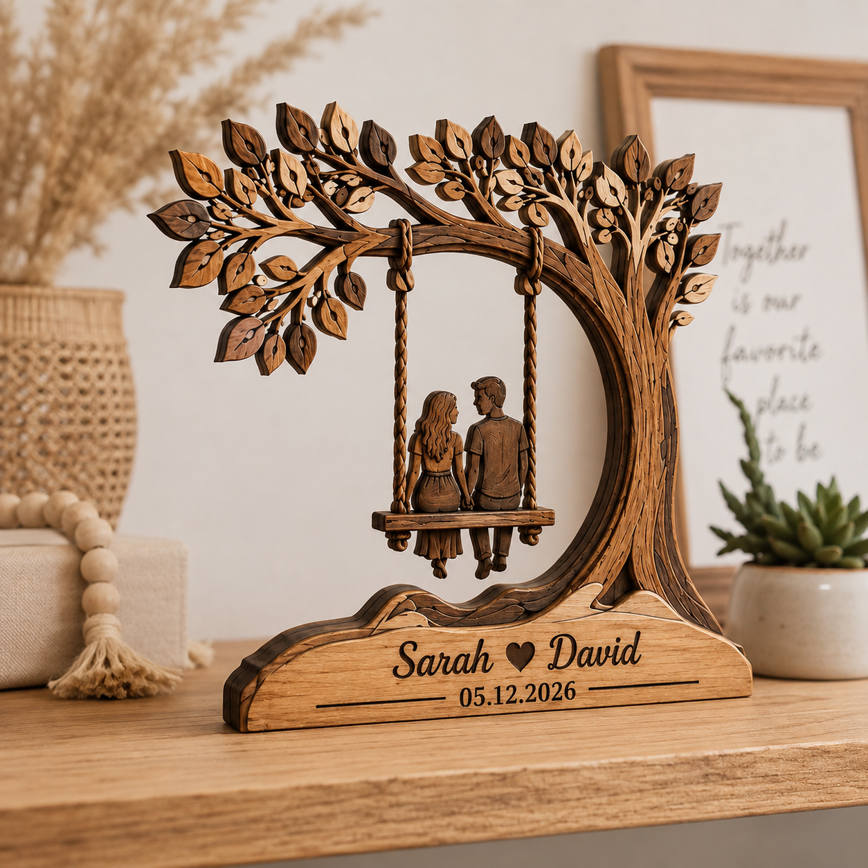 Personalized Couple Tree Wooden Block, Custom Anniversary Gift for Couples, Romantic Wooden Plaque, Wedding Gift, Home Decor