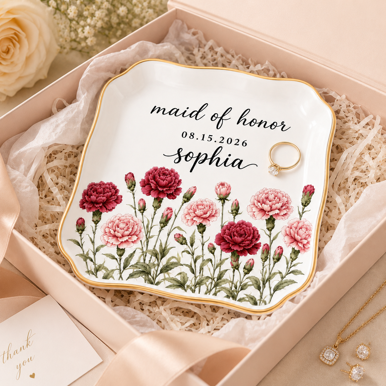 Personalized Birth Flower Wedding Jewelry Dish - Gift for Bride, Mom, Bridesmaid, Bachelorette Trip, Bridal Shower Gift