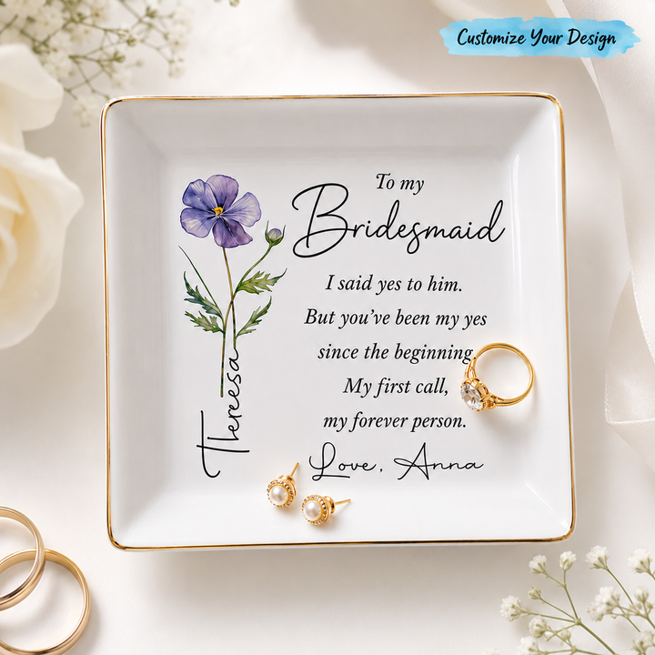 Personalized Bridesmaid Wedding Jewelry Dish With Birth Flower, Bachelorette Trip, Bridal Shower Gift