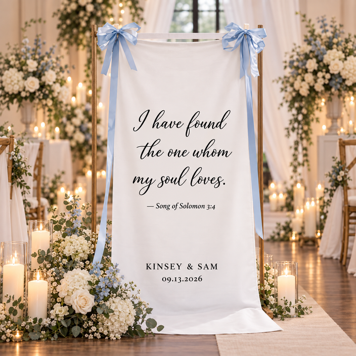 Personalized Wedding Tapestry for Ceremony, Song of Solomon 3:4 Wedding Banner, Custom Couple Names & Date Welcome Sign