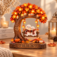 Personalized Fall Couple Wooden Block, Custom Names & Date Anniversary Gift, Ghost Couple Autumn Keepsake, Wedding Date Decor