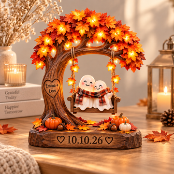 Personalized Fall Couple Wooden Block, Custom Names & Date Anniversary Gift, Ghost Couple Autumn Keepsake, Wedding Date Decor