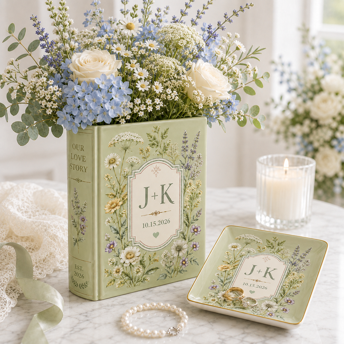 Personalized Ceramic Book Vase, Custom Name Date Book Vase, Wedding Gift for Couple, Anniversary Gift, Book Lover Vase, Floral Home Decor