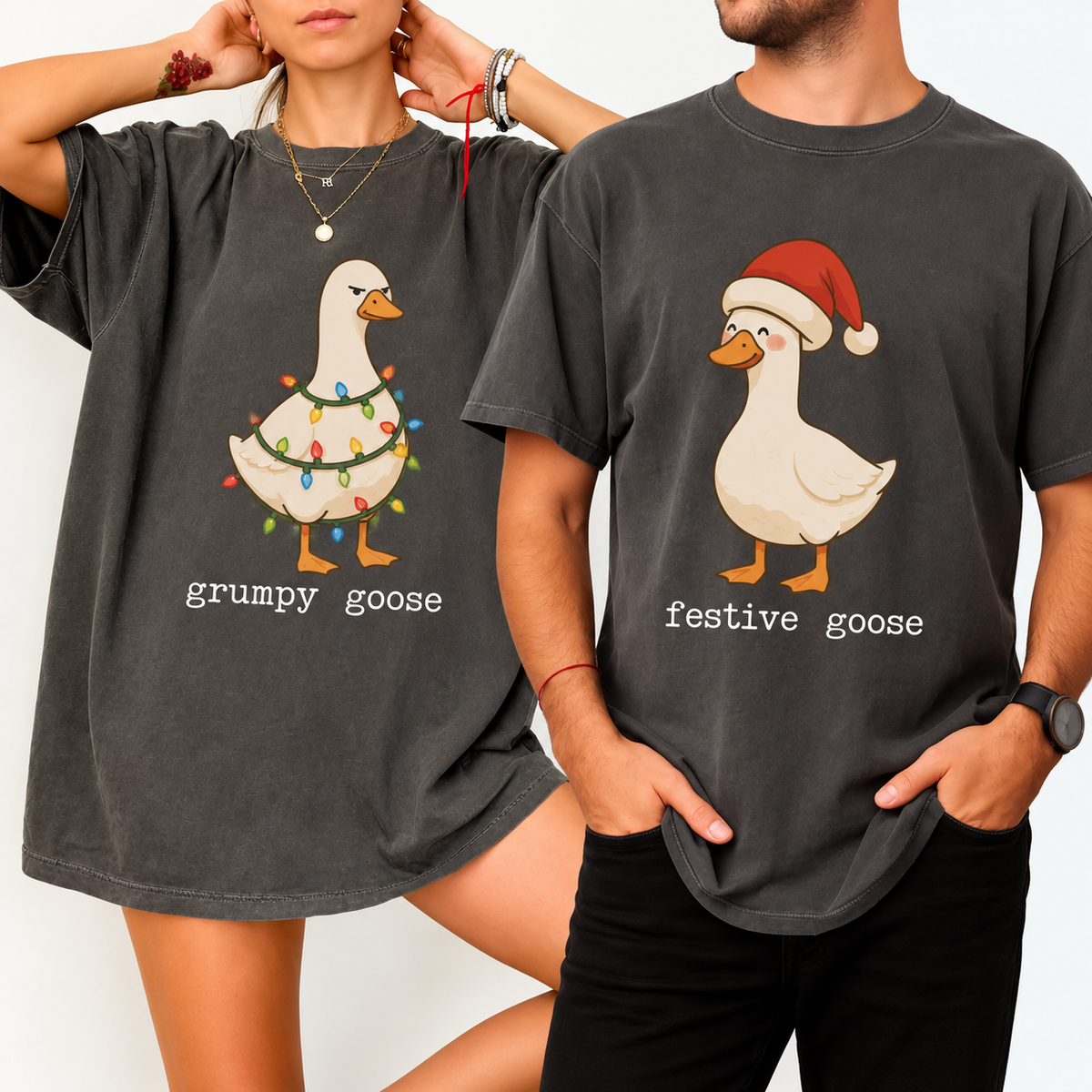 Grumpy Goose & Festive Goose Christmas Couple Comfort Colors Tees