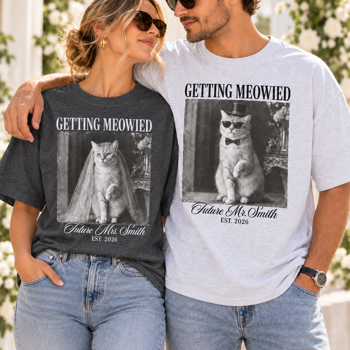 Personalized Getting Meowied Couple Shirts, Custom Future Mrs & Mr Last Name Tees, Cat Bride Groom Shirts, Engagement Gift