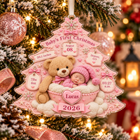 Personalized Baby & Teddy Birth Stats Tree Ornament – First Christmas