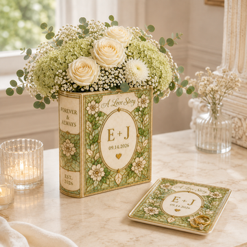 Personalized Floral Ceramic Book Vase, Custom Initials and Wedding Date, A Love Story Vase, Engagement, Wedding and  Anniversary Gift