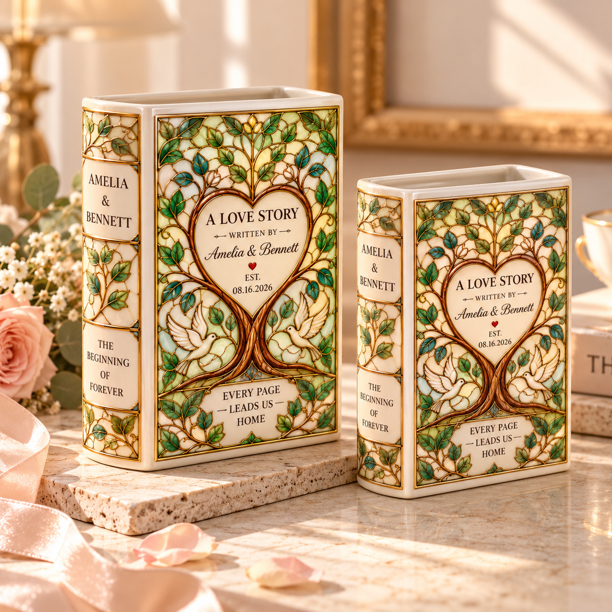 Small and large personalized Love Story ceramic book vases