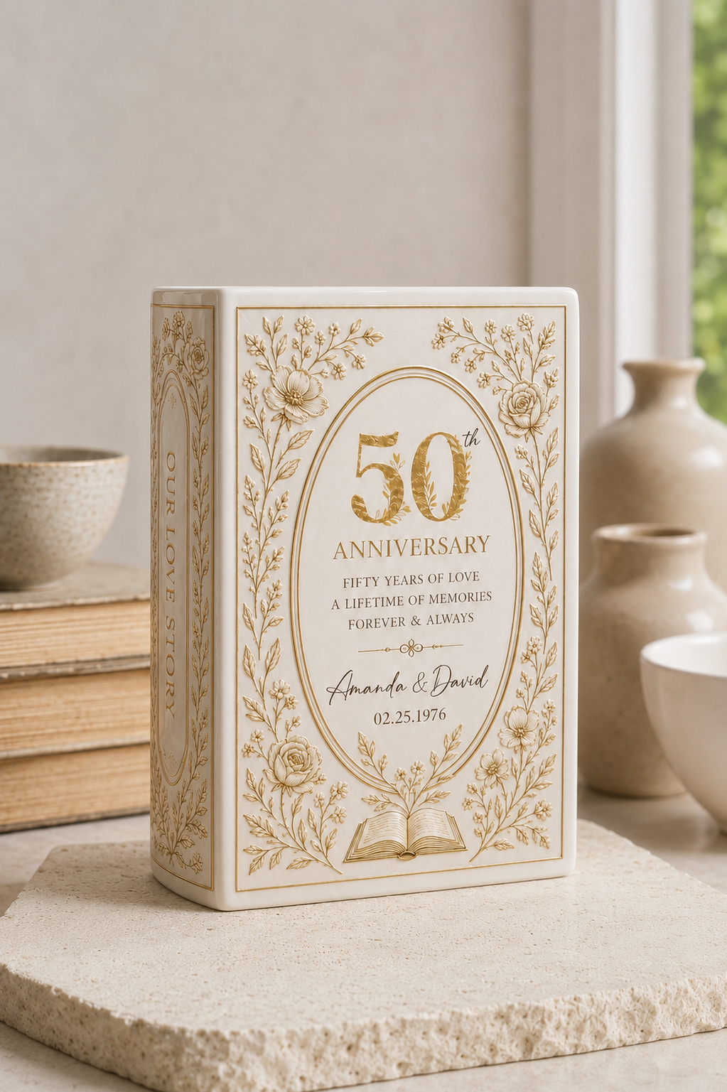 Personalized Milestone Anniversary Book Vase & Jewelry Dish Set, Custom Anniversary Year Couple Gift, Romantic Wedding Keepsake