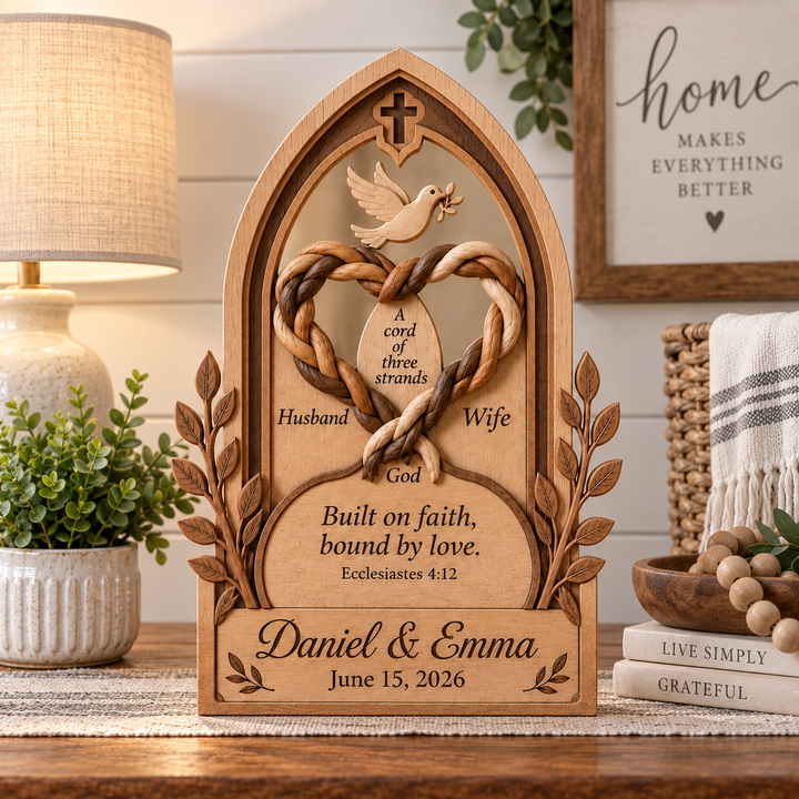 Personalized Cord of Three Strands Wooden Block, Christian Wedding Gift for Couple, Ecclesiastes 4:12 Marriage Keepsake