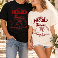 Personalized Getting Meowied Wedding Shirts, Custom Names and Date Cat Couple Tees, Matching Bride and Groom Gift