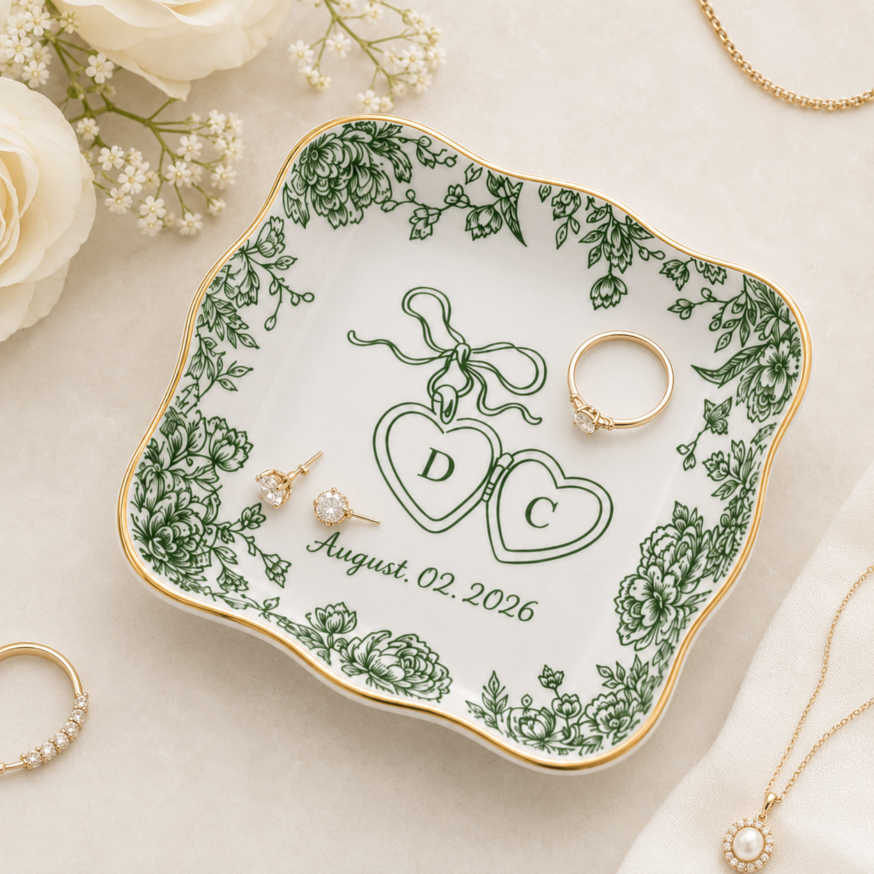 Personalized Toile De Jouy Wedding Jewelry Dish - Gift for Bride, Bridesmaid, Bachelorette Trip, Bridal Shower Gift