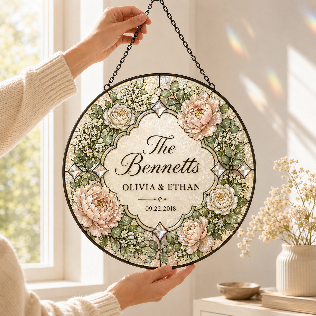 Personalized Last Name Stained Glass Suncatcher, Custom Couple Names and Wedding Date, Floral Anniversary Gift, Wedding Window Decor