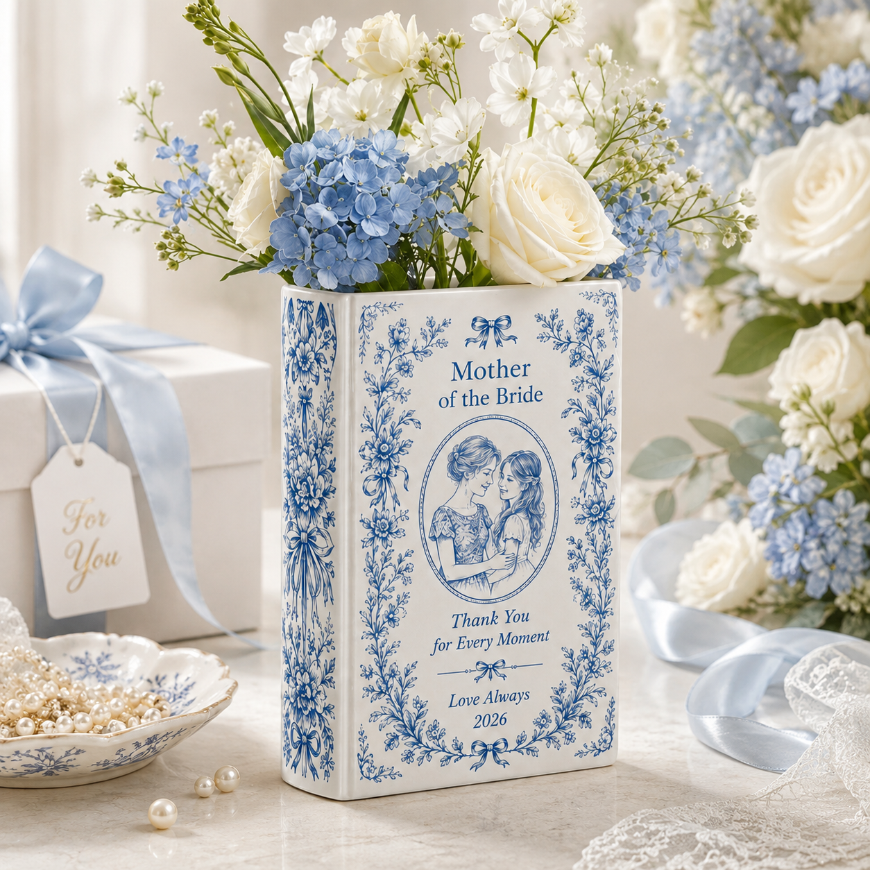 Personalized Mother of the Bride Ceramic Book Vase, Custom Mom Photo Wedding Gift, Floral Keepsake, Thank You Gift