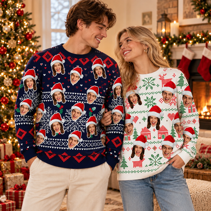 Personalized Santa Hat Face Sweater – Funny Family Christmas Gift
