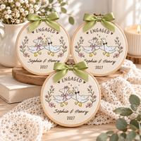 Personalized Embroidered Wedding Goose Ornament, Custom Names Year, First Christmas Hoop, Funny Engagement Gift,Silly Geese Engaged Keepsake
