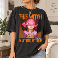 Personalized This Witch Is Getting Hitched Shirt, Custom Photo Halloween Bride Tee, Funny Bachelorette Party Shirt, Bride To Be Gift