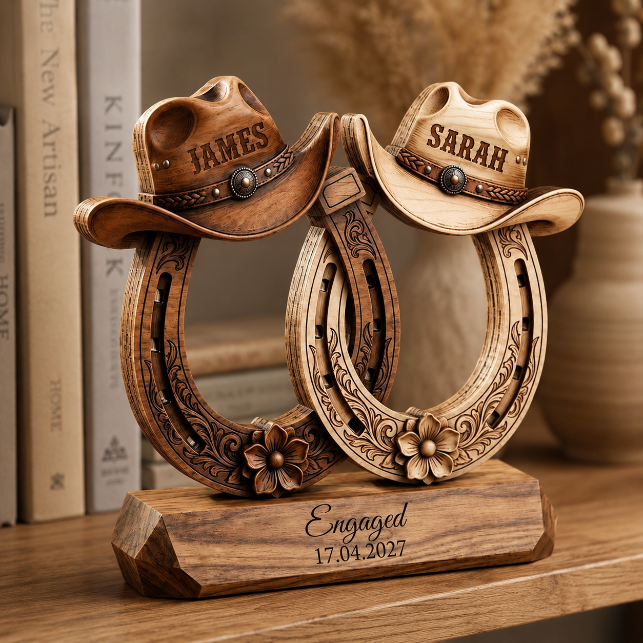 Custom Western Couple Wood Decor, Personalized Cowboy Hat Horseshoe Sign, Rustic Engagement Centerpiece, Bride And Groom Gift