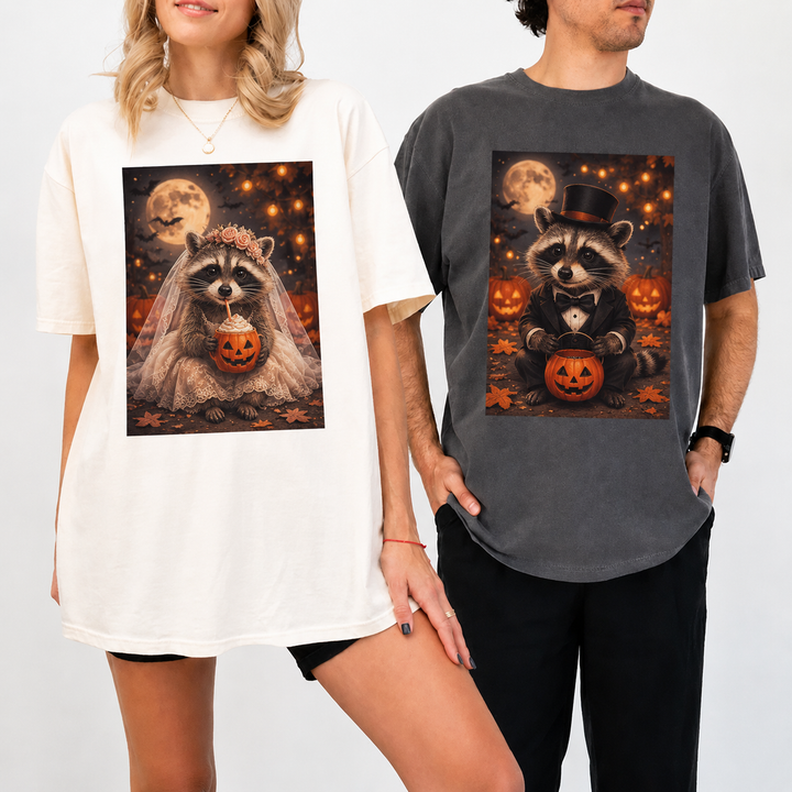 Matching Raccoon Couple Shirts for Halloween Wedding, Bride Groom Raccoon T-Shirts, Funny Wedding Gift for Couple, Halloween Party Outfit