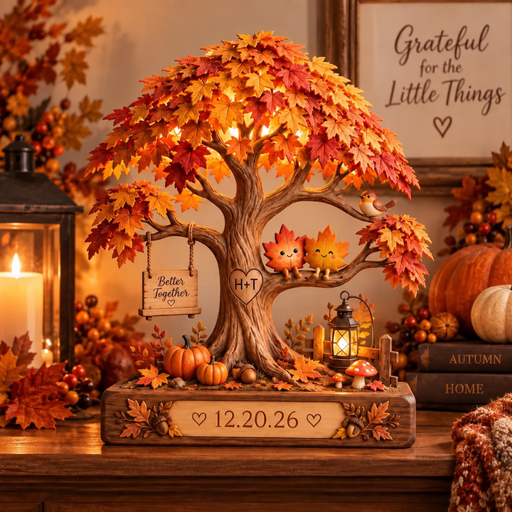Personalized Autumn Couple Tree Wooden Block, Custom Initials & Date Sign, Anniversary Gift, Fall Wedding Keepsake