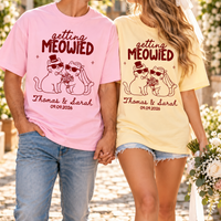 Personalized Getting Meowied Wedding Shirts, Custom Names and Date Cat Couple Tees, Matching Bride and Groom Gift