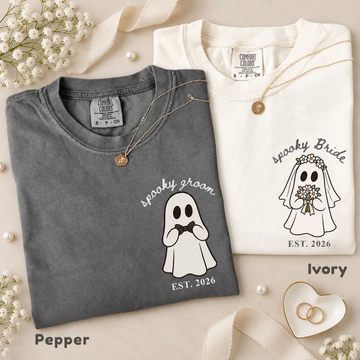 Personalized Spooky Bride and Groom Shirts, Matching Halloween Wedding Tees, Custom Wedding Date Couple Shirts, Ghost Newlywed Gift