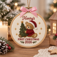 Personalized Baby’s First Christmas Ornament, Custom Name & Year Woodland Embroidery Keepsake, Baby’s 1st Xmas Gift