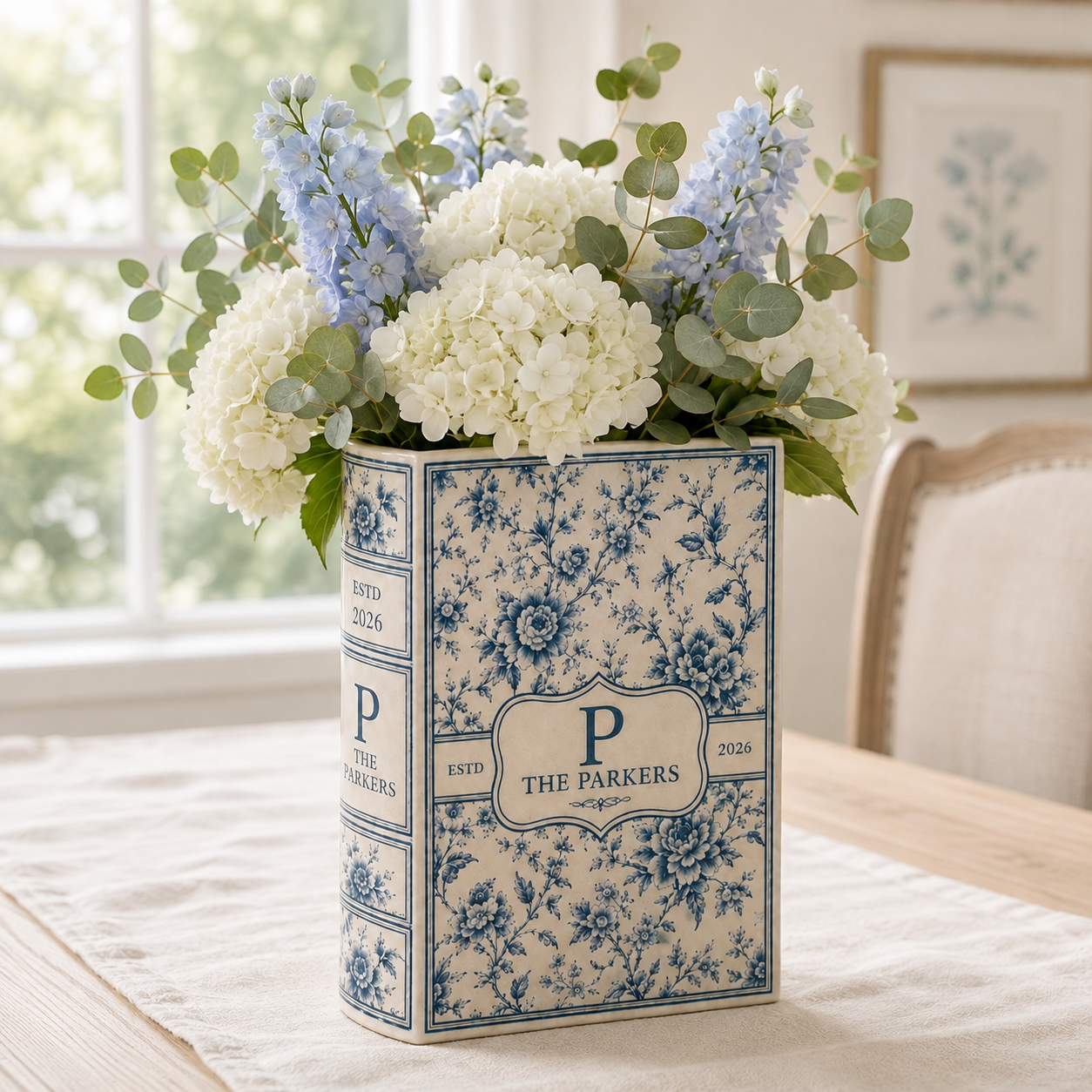 Custom Toile Monogram Ceramic Book Vase, Last Name Floral Vase, Housewarming Gift for Newly Married Couple Family Keepsake