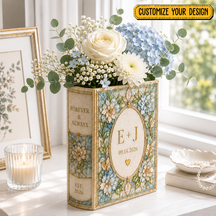 Personalized Ceramic Book Vase, Custom Wedding Flower Vase, Stained Glass Book Vase, Couple Initials Gift