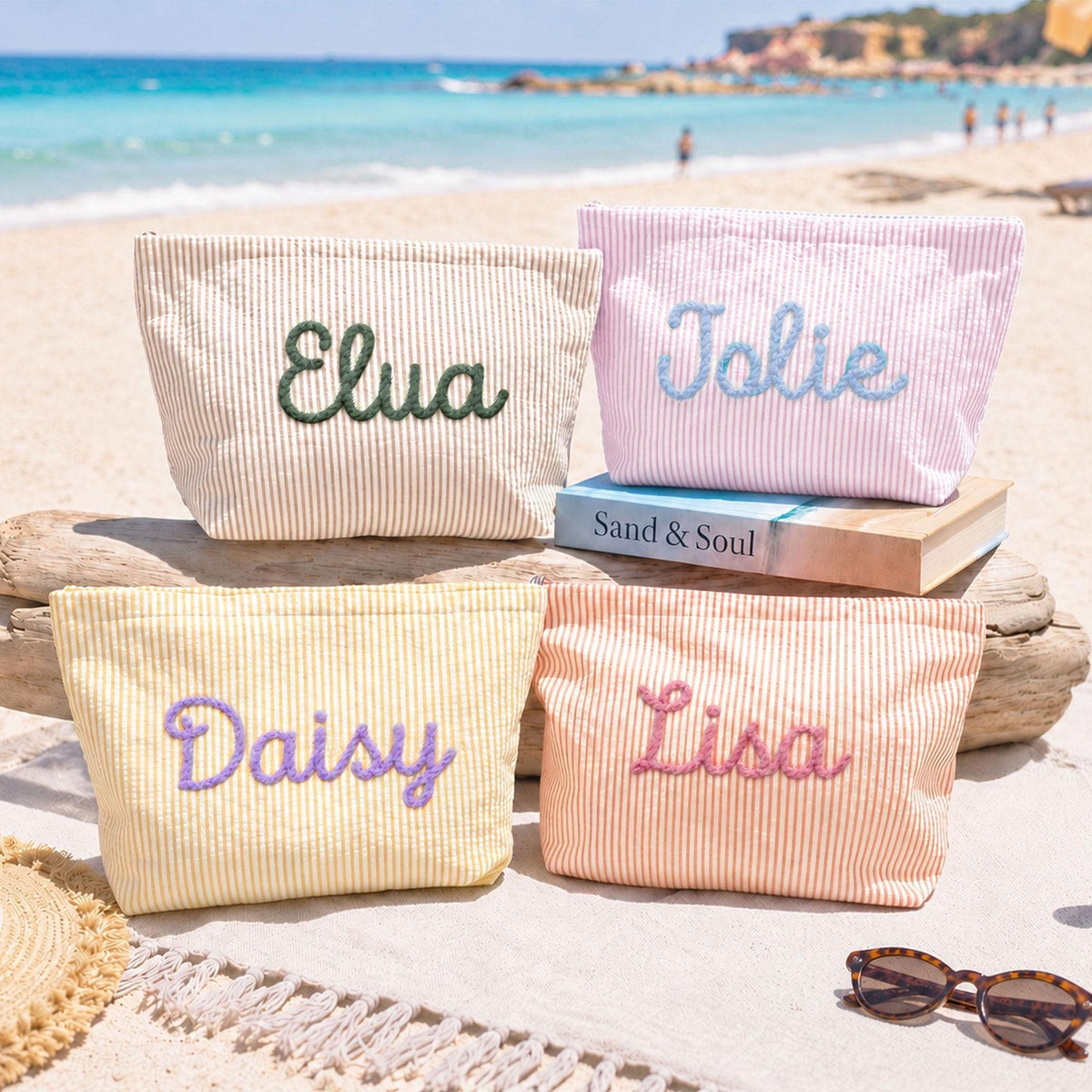 Personalized seersucker cosmetic bags in khaki purple yellow and orange