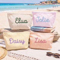 Personalized seersucker cosmetic bags in khaki purple yellow and orange